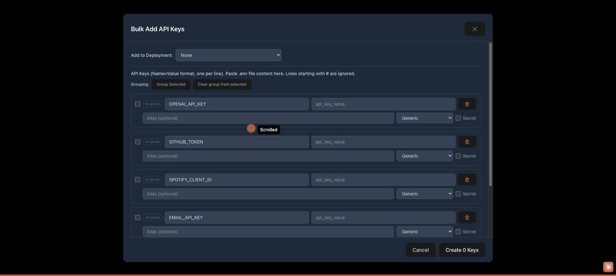The Bulk Add modal showing multiple rows of API keys ready to be created. Each row has fields for name, value, provider, and alias. A "Create 5 Keys" button is visible at the bottom.