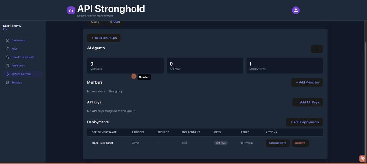 The User Groups section showing the "AI Agents" group with the "OpenClaw Agent" deployment assigned to it.